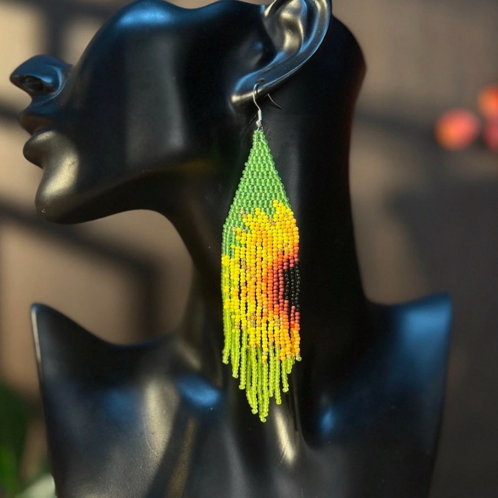 Vibrant Summer Sunflower pattern beaded tassel earrings. New. - Picture 2 of 7